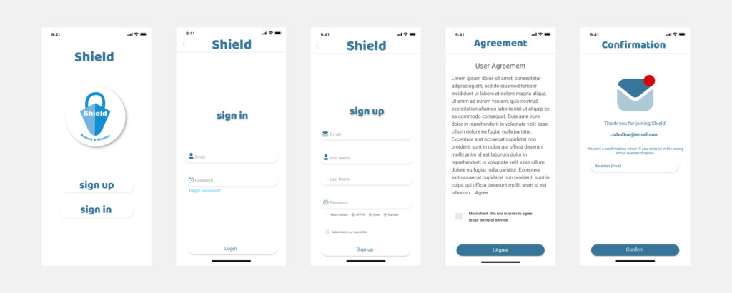 Wireframes of Shields Opening pages. Such as Sign up and Login